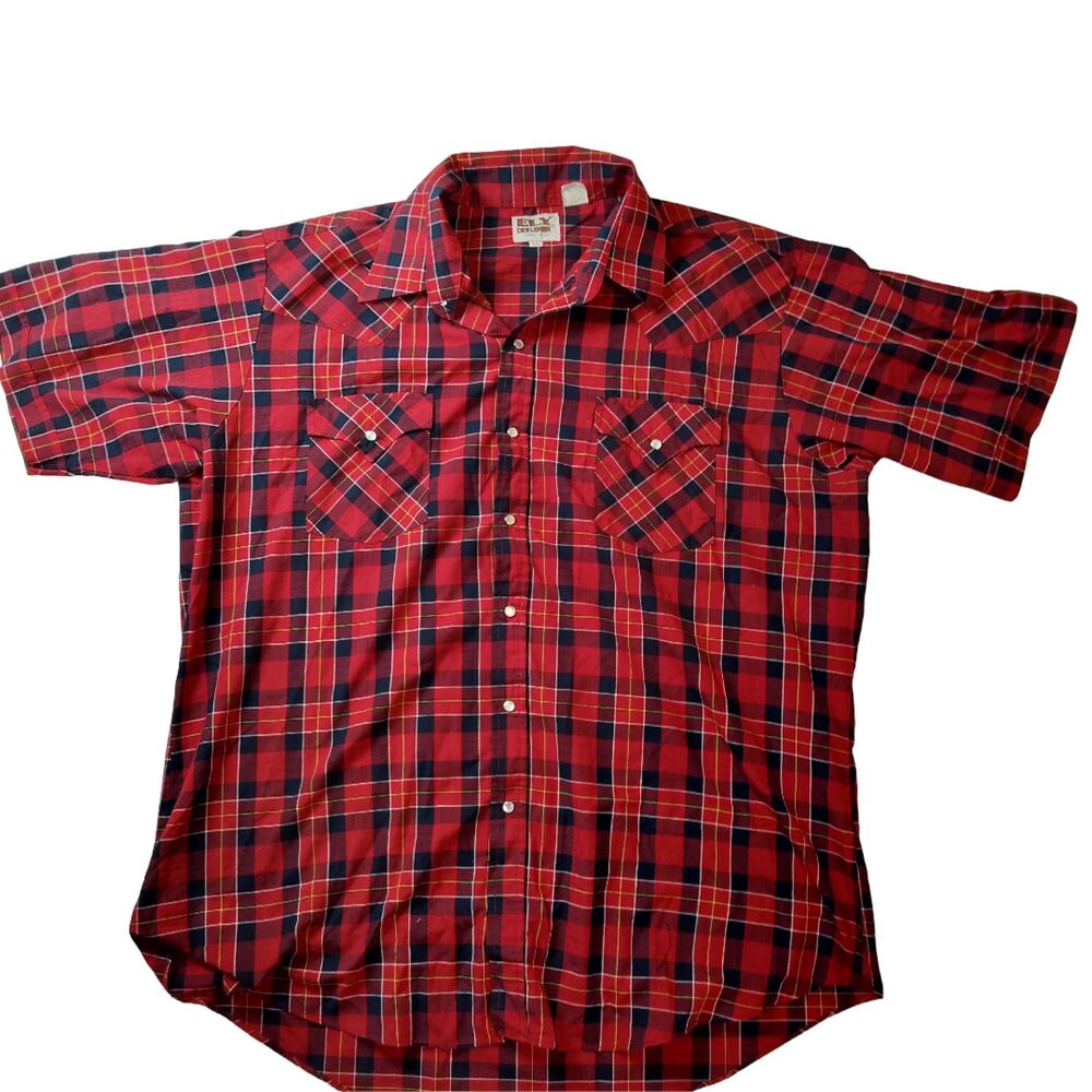 Men's Ely Cattleman Short sleeve plaid pearl snap western cowboy shirt. Size XL.